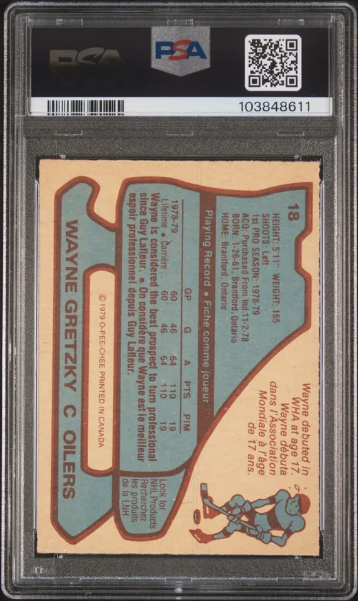 Bilingual back of the 1979 O-Pee-Chee Wayne Gretzky rookie card