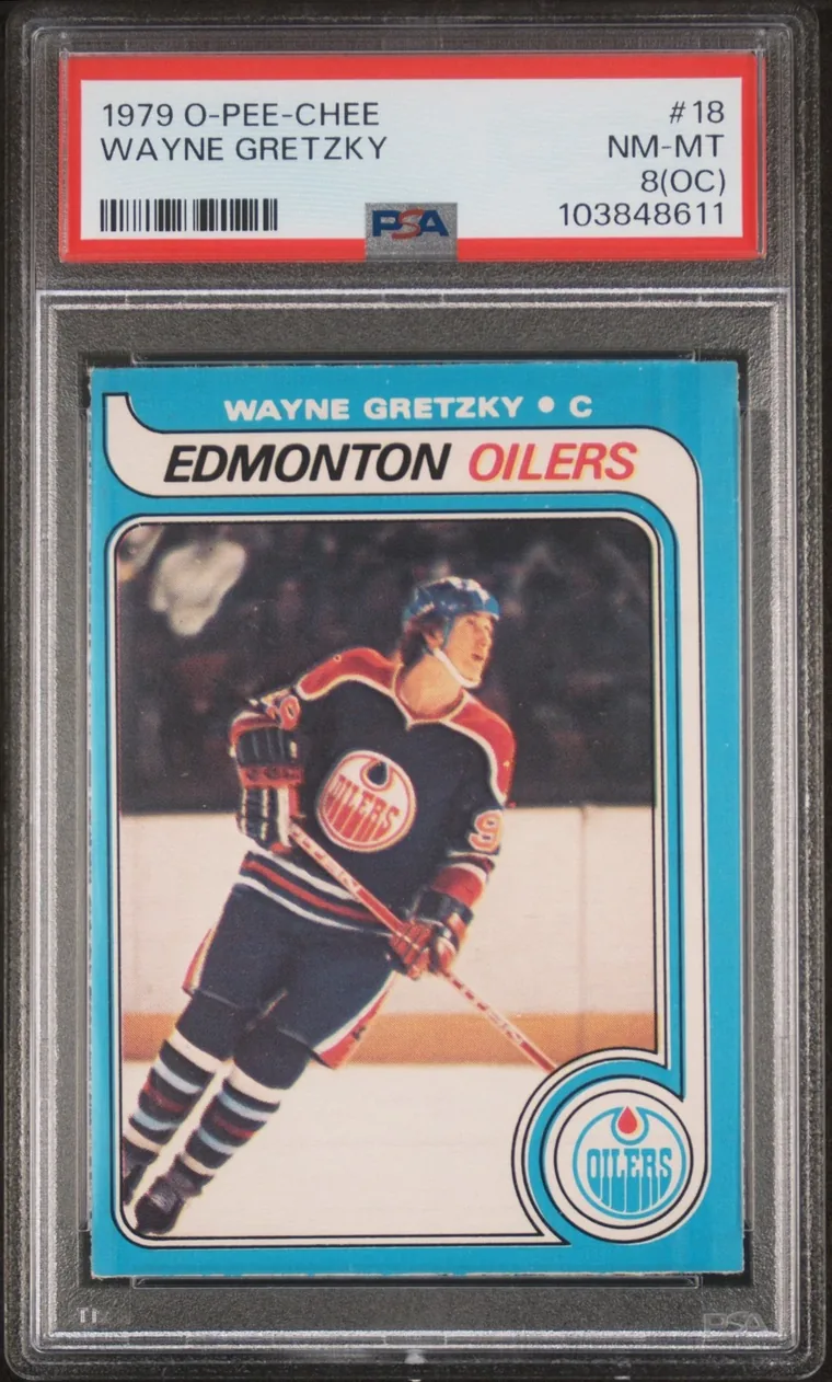 1979 O-Pee-Chee #18 Wayne Gretzky rookie card, graded PSA 8 NM-MT (OC), certificate 103848611